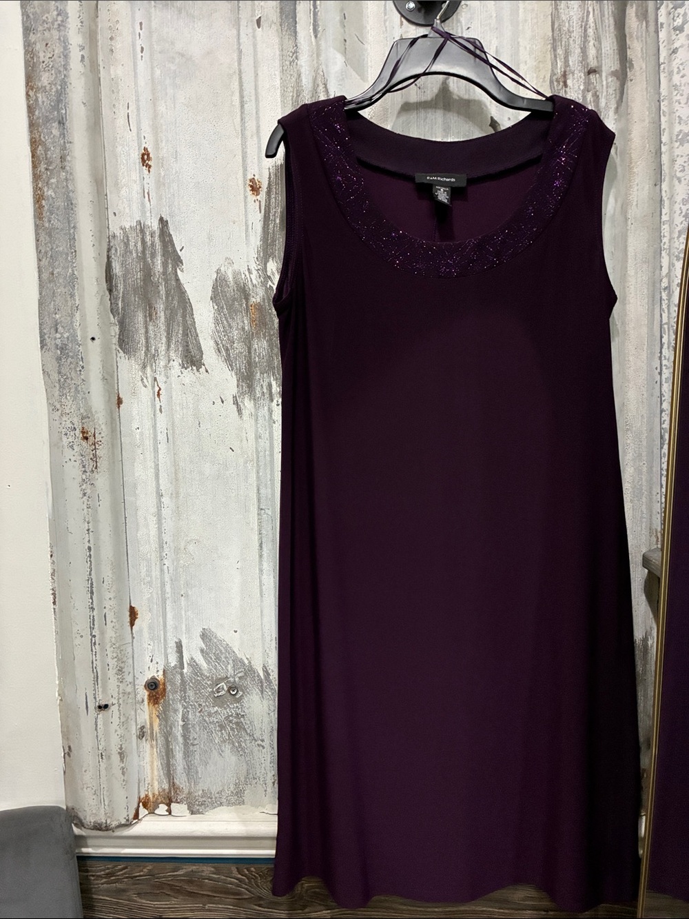 R & M Richards Plum Sleeveless Beaded dress with embellished shear jacket